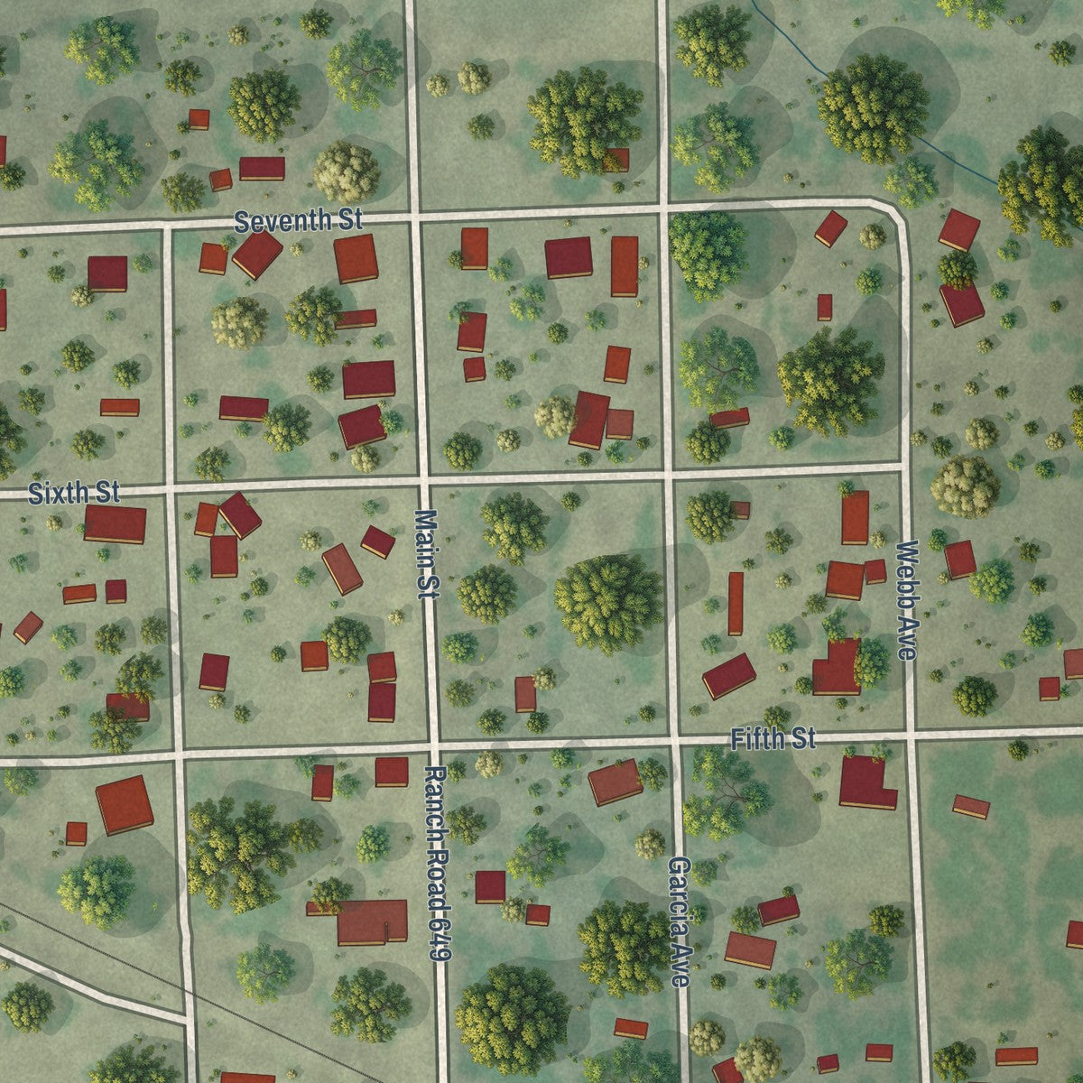Close-up of the map of Mirando City, Texas print showing street and building detail