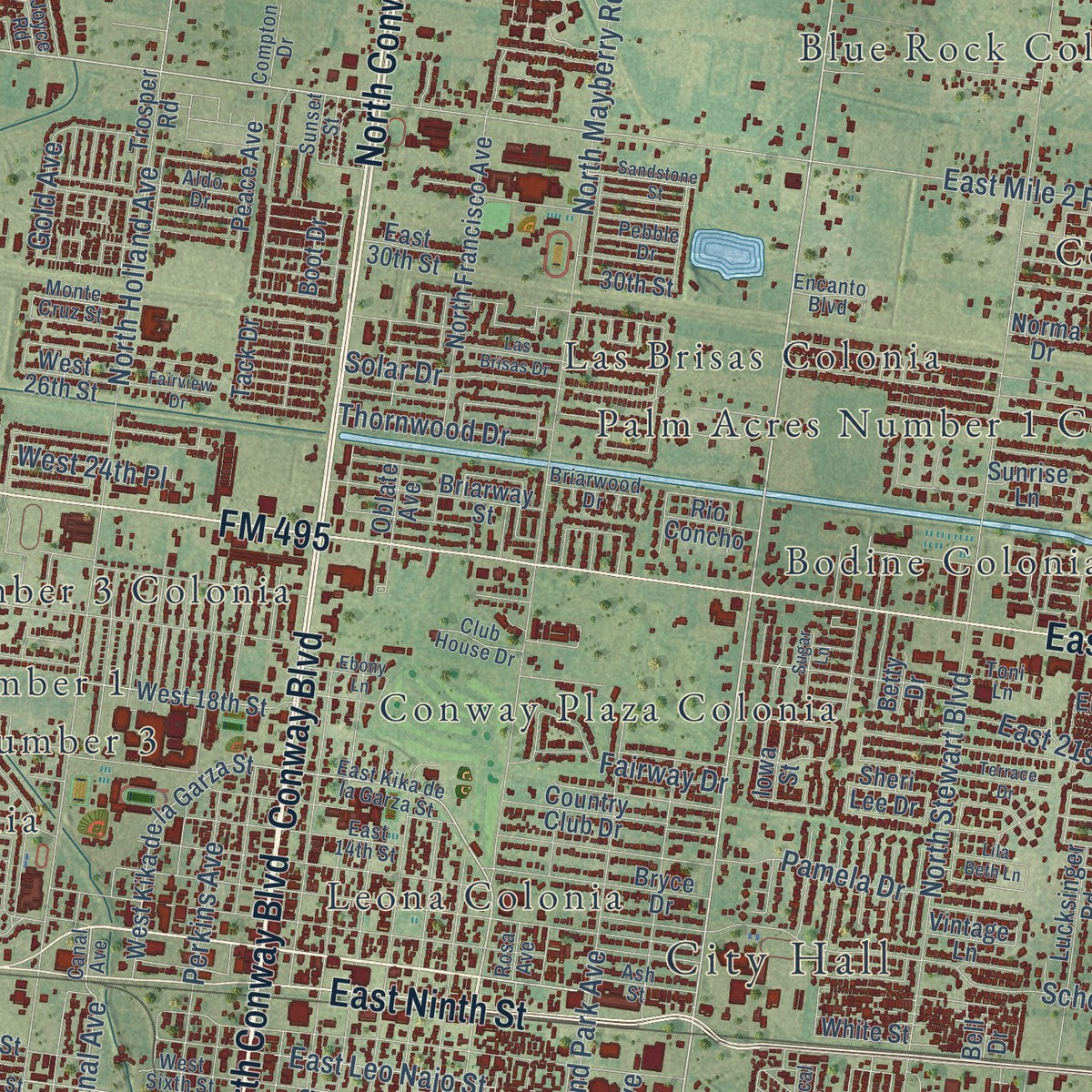 Close-up of the map of Mission, Texas print showing street and building detail