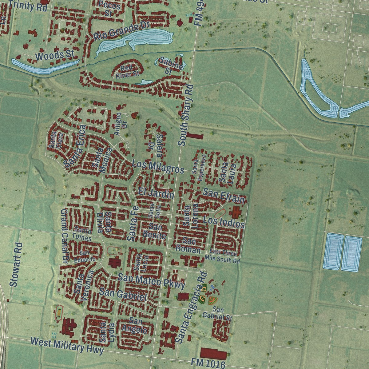 Second close-up of the map of Mission, Texas print showing more streets and buildings