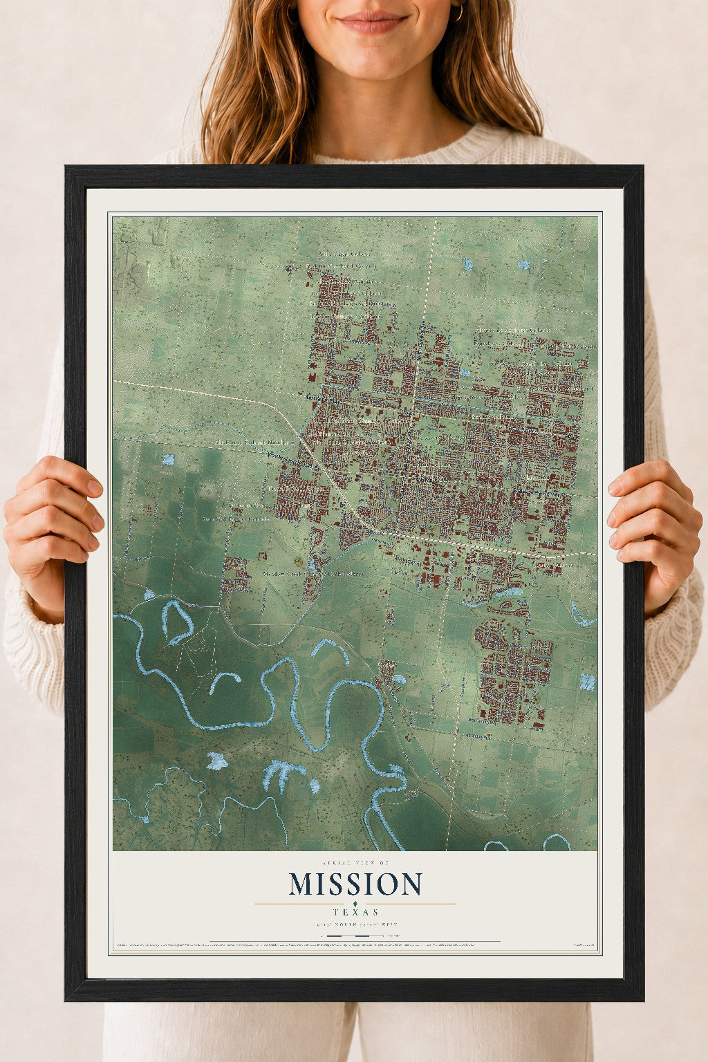 Map of Mission, Texas, 18 x 24 inch print in a black wood frame