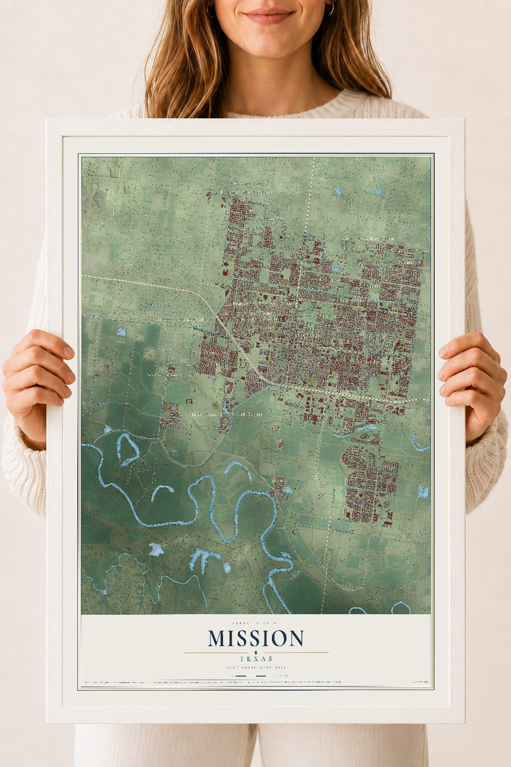 Map of Mission, Texas, 18 x 24 inch print in a white wood frame