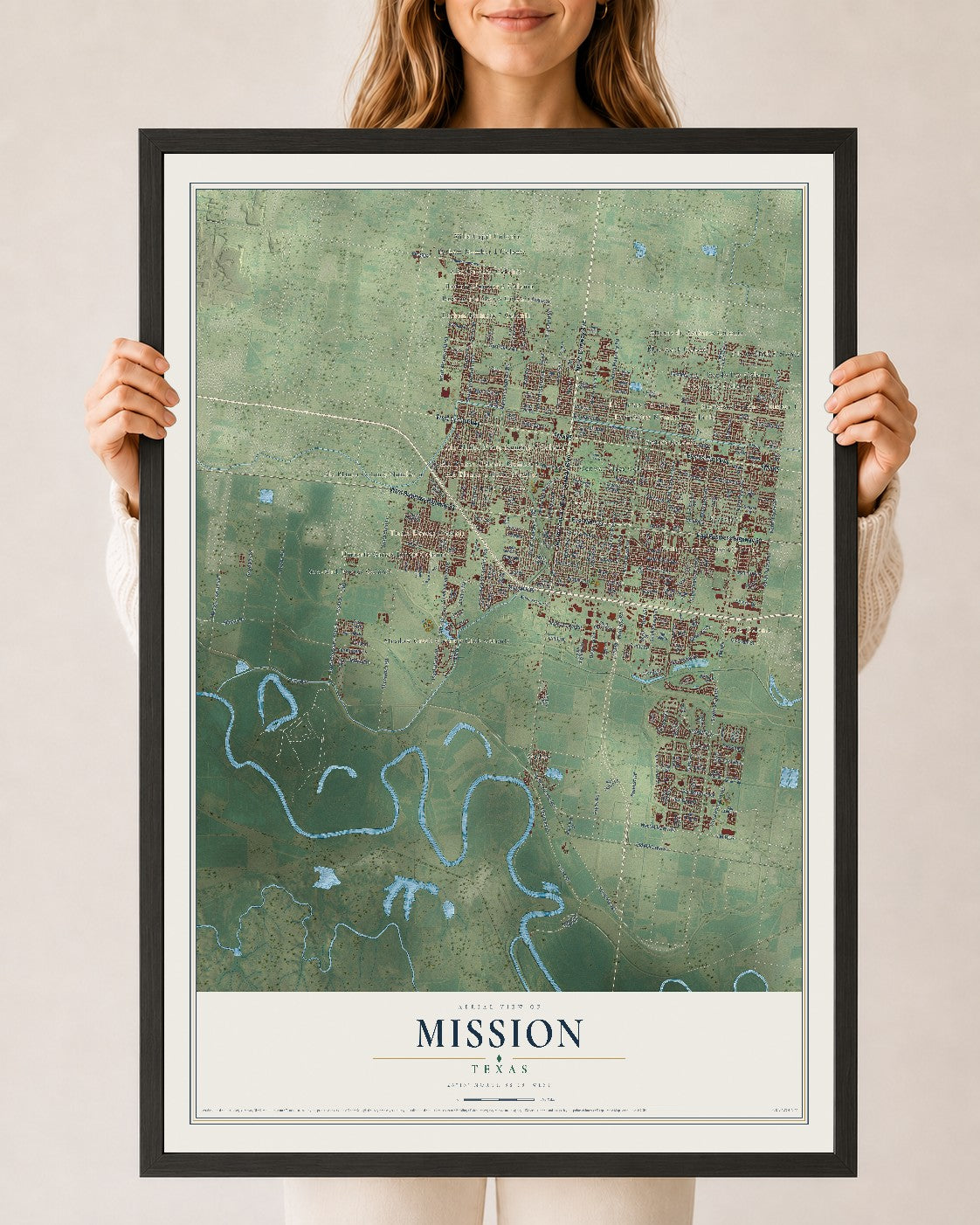 Map of Mission, Texas, 24 x 36 inch print in a black wood frame