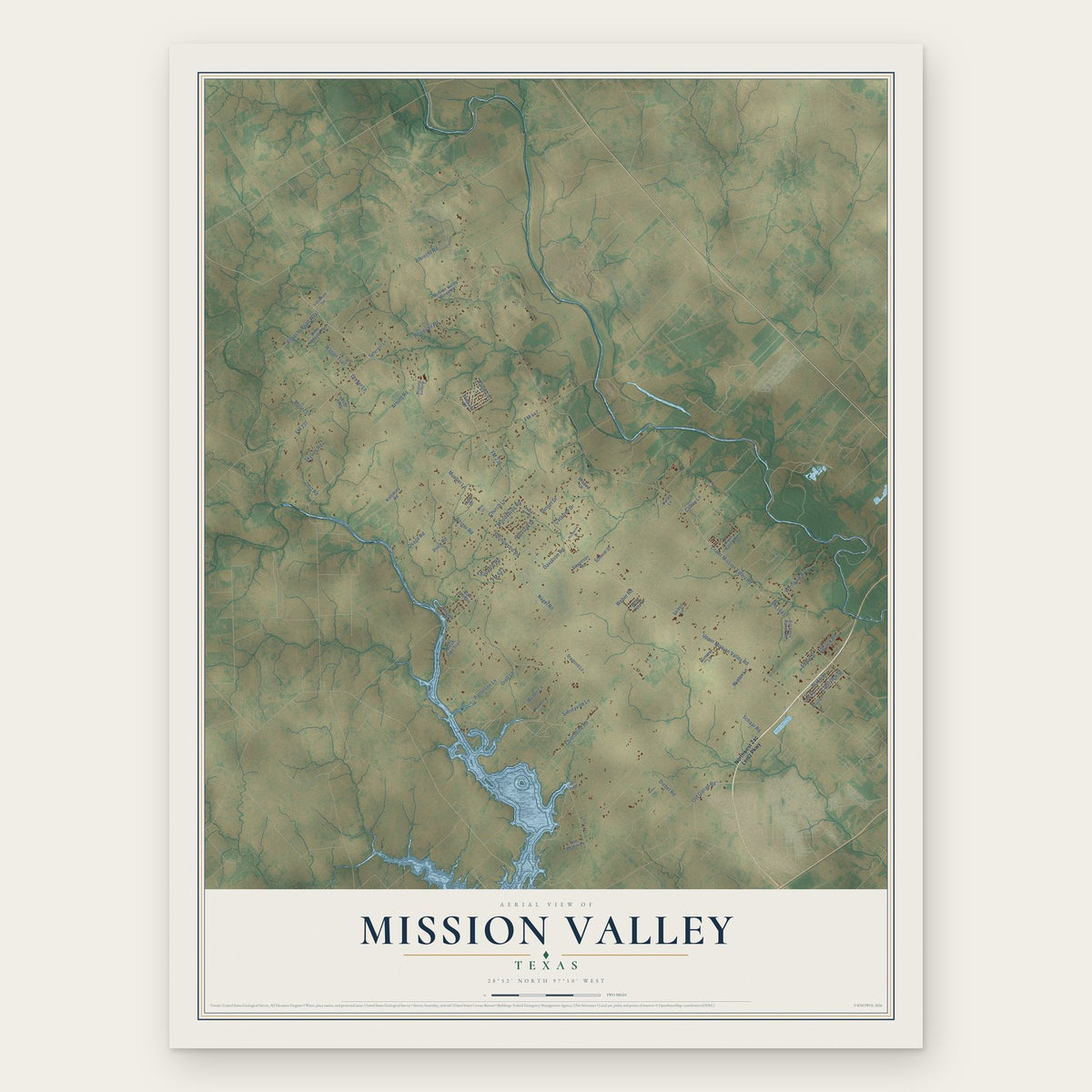Mission Valley, Texas map print, the full design