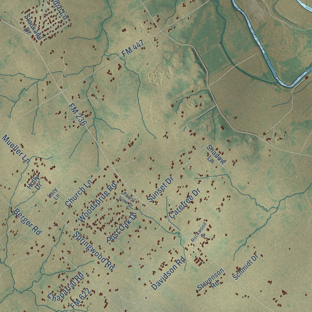 Close-up of the map of Mission Valley, Texas print showing street and building detail