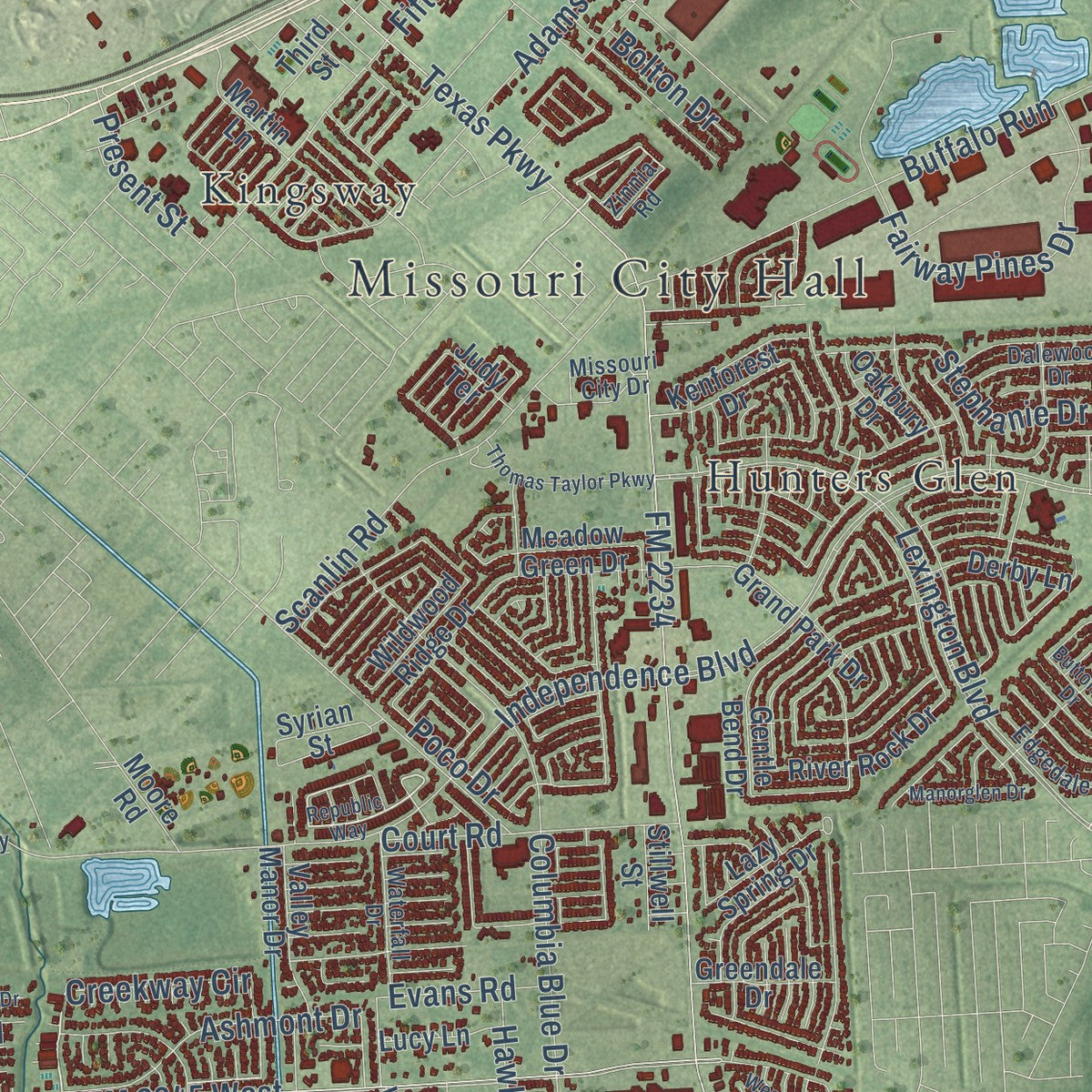 Second close-up of the map of Missouri City, Texas print showing more streets and buildings