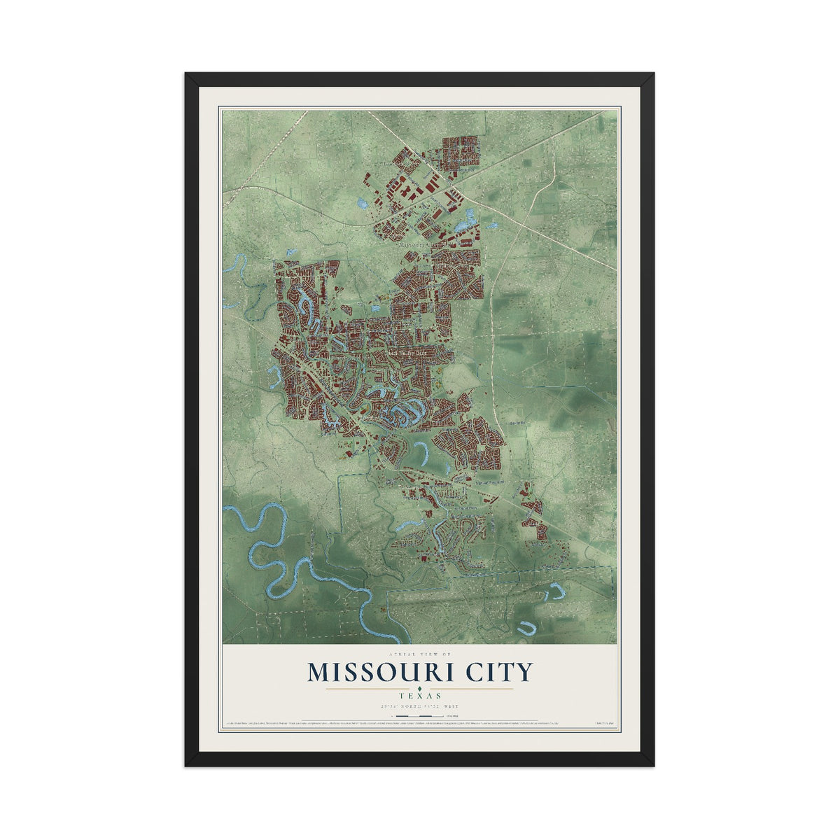 Map of Missouri City, Texas, 12 x 18 inch print in a black wood frame