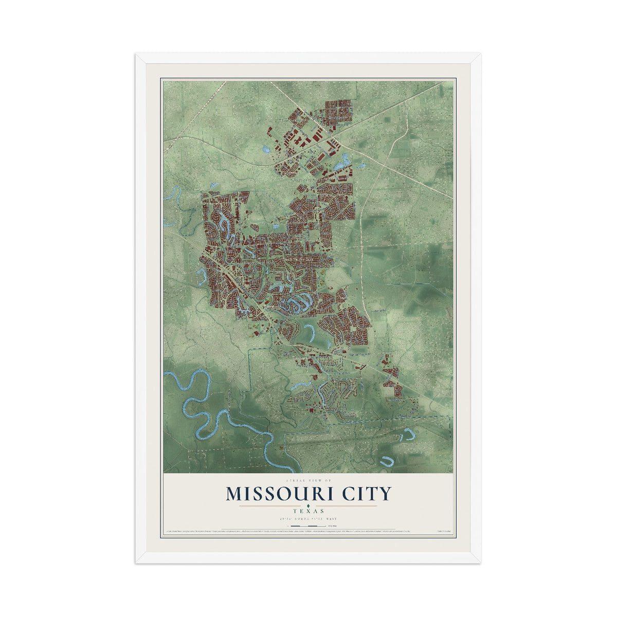 Map of Missouri City, Texas, 12 x 18 inch print in a white wood frame