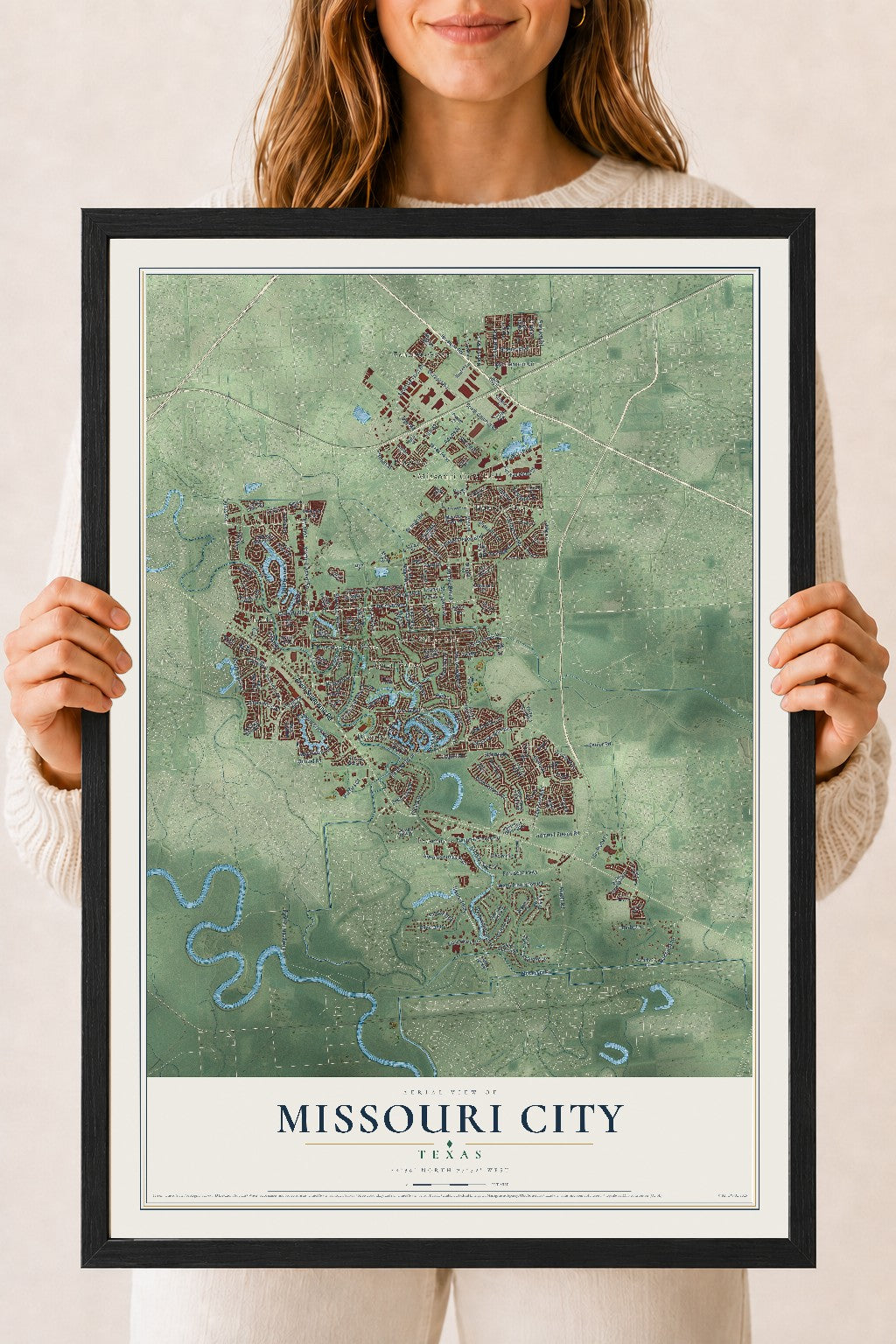 Map of Missouri City, Texas, 18 x 24 inch print in a black wood frame