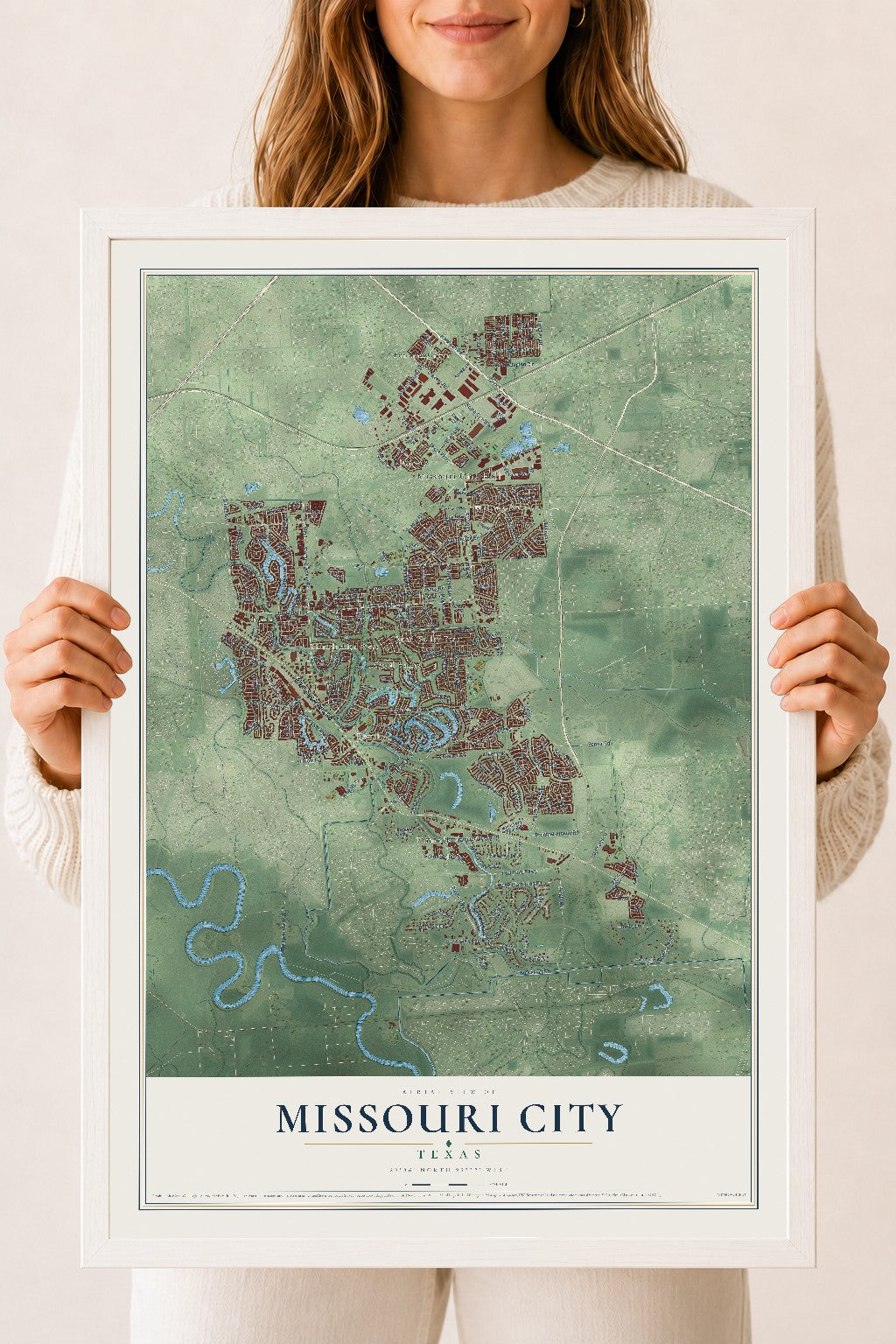 Map of Missouri City, Texas, 18 x 24 inch print in a white wood frame