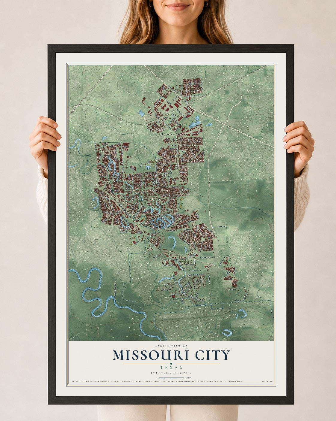 Map of Missouri City, Texas, 24 x 36 inch print in a black wood frame