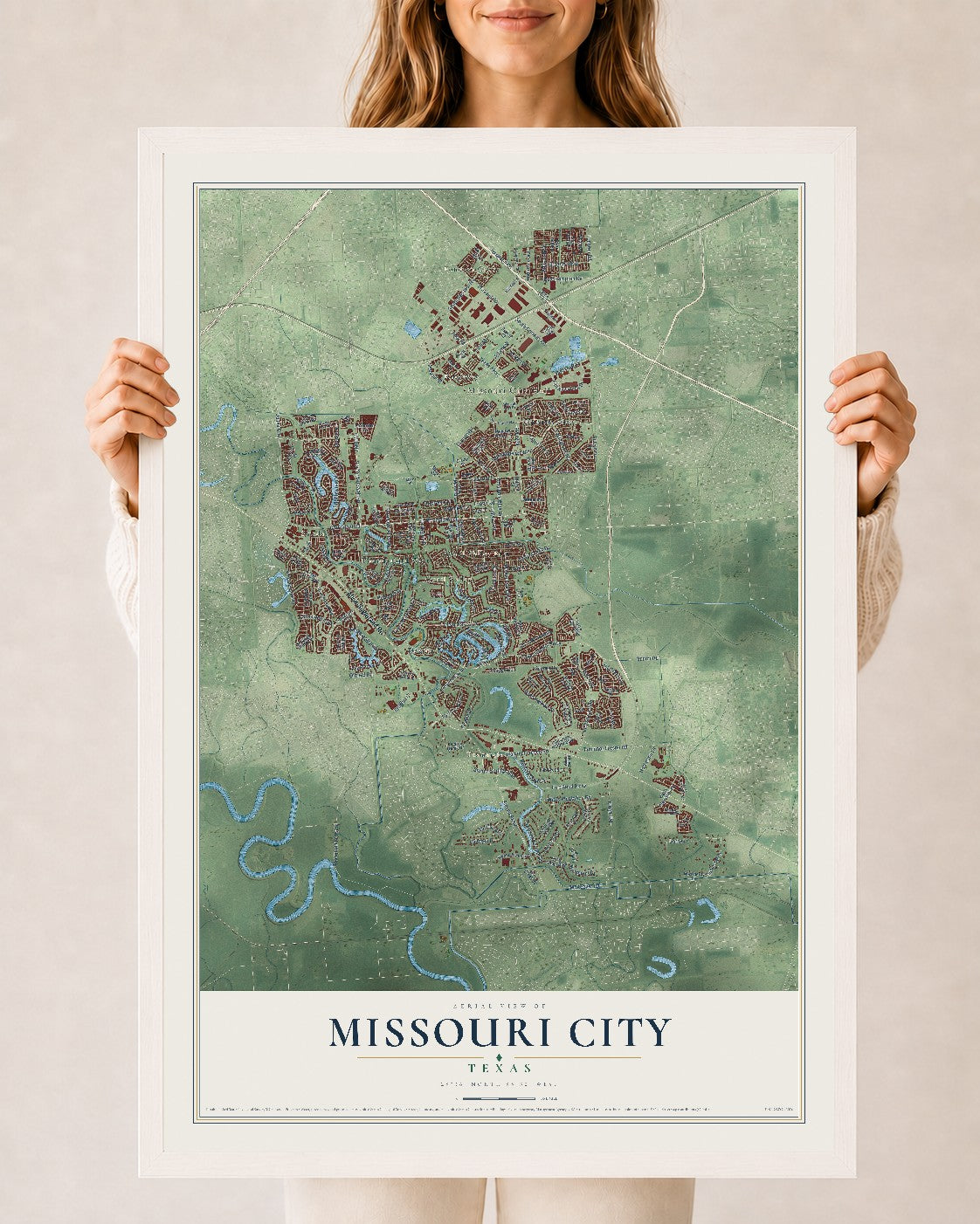Map of Missouri City, Texas, 24 x 36 inch print in a white wood frame