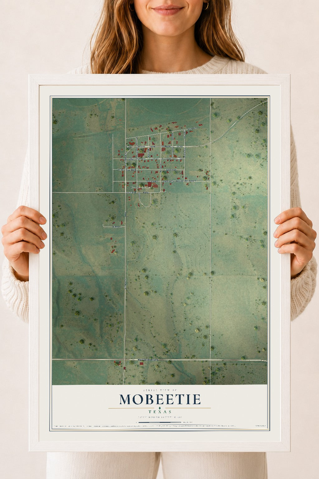 Map of Mobeetie, Texas, 18 x 24 inch print in a white wood frame