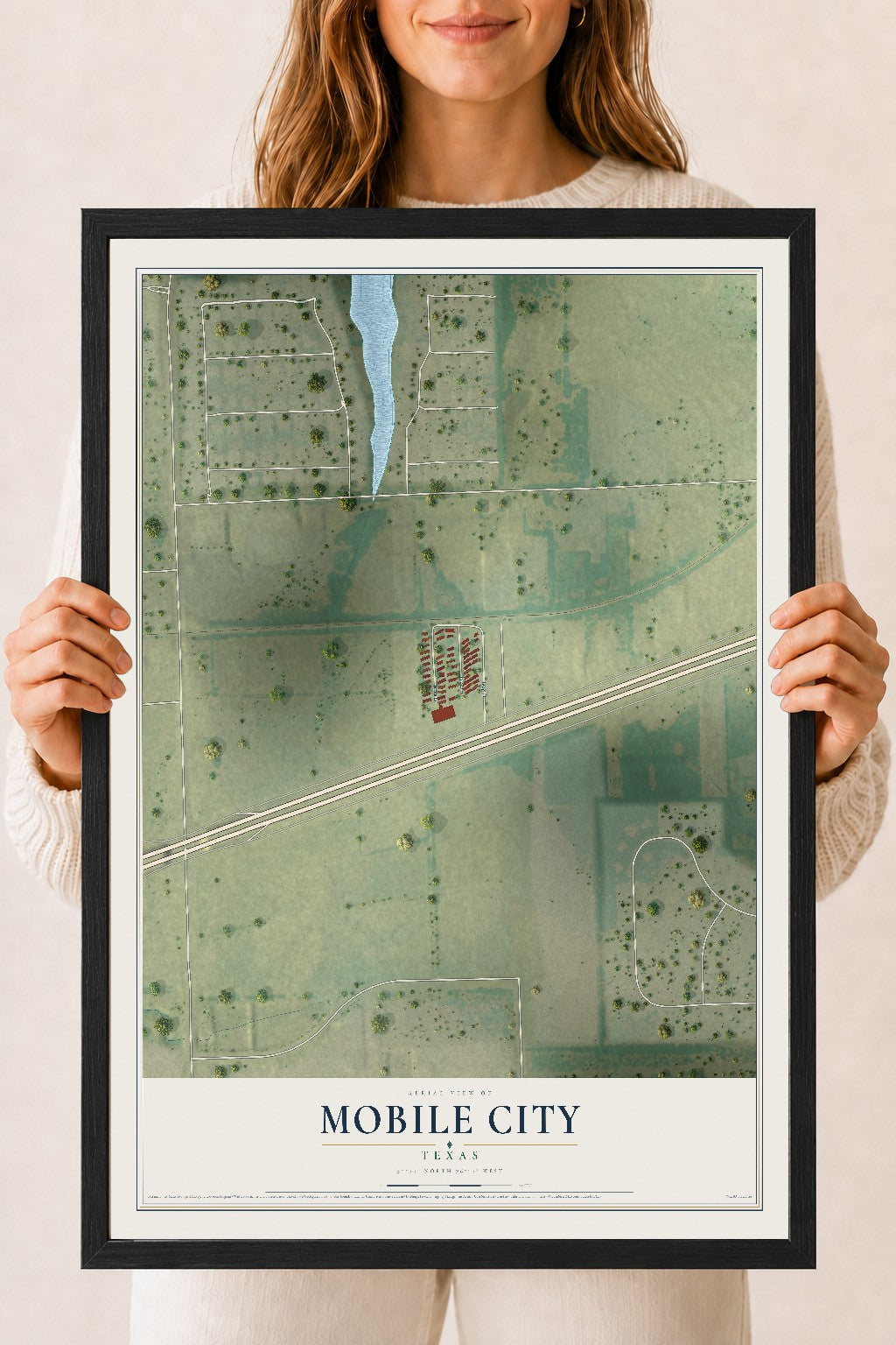Map of Mobile City, Texas, 18 x 24 inch print in a black wood frame