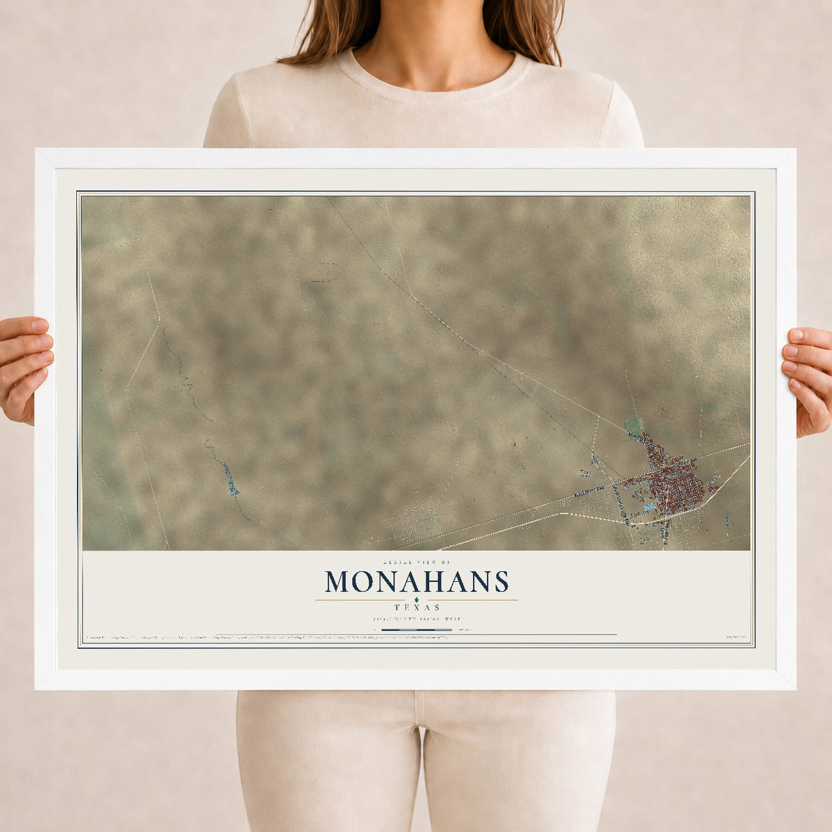 Map of Monahans, Texas, 18 x 24 inch print in a white wood frame