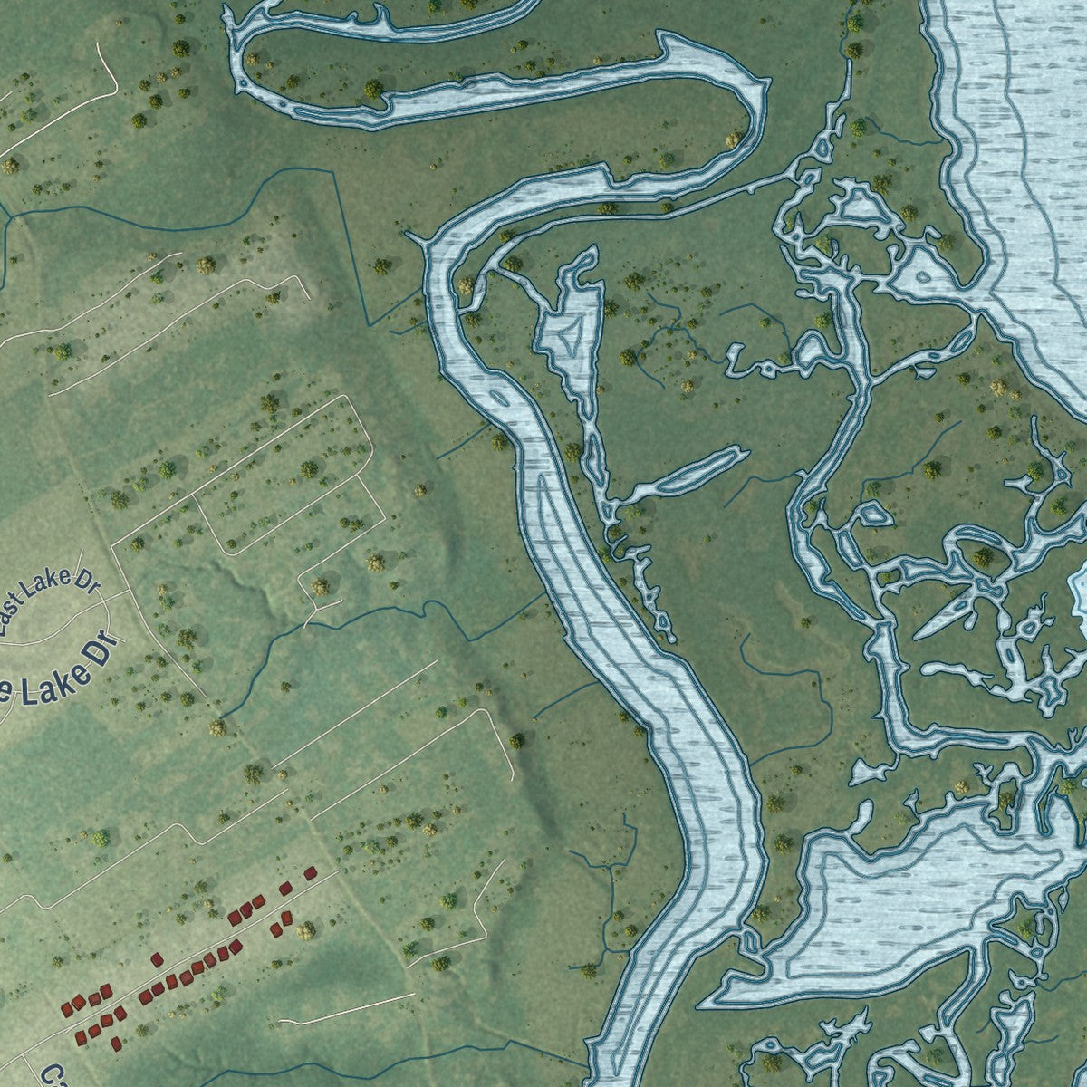 Second close-up of the map of Mont Belvieu, Texas print showing more streets and buildings
