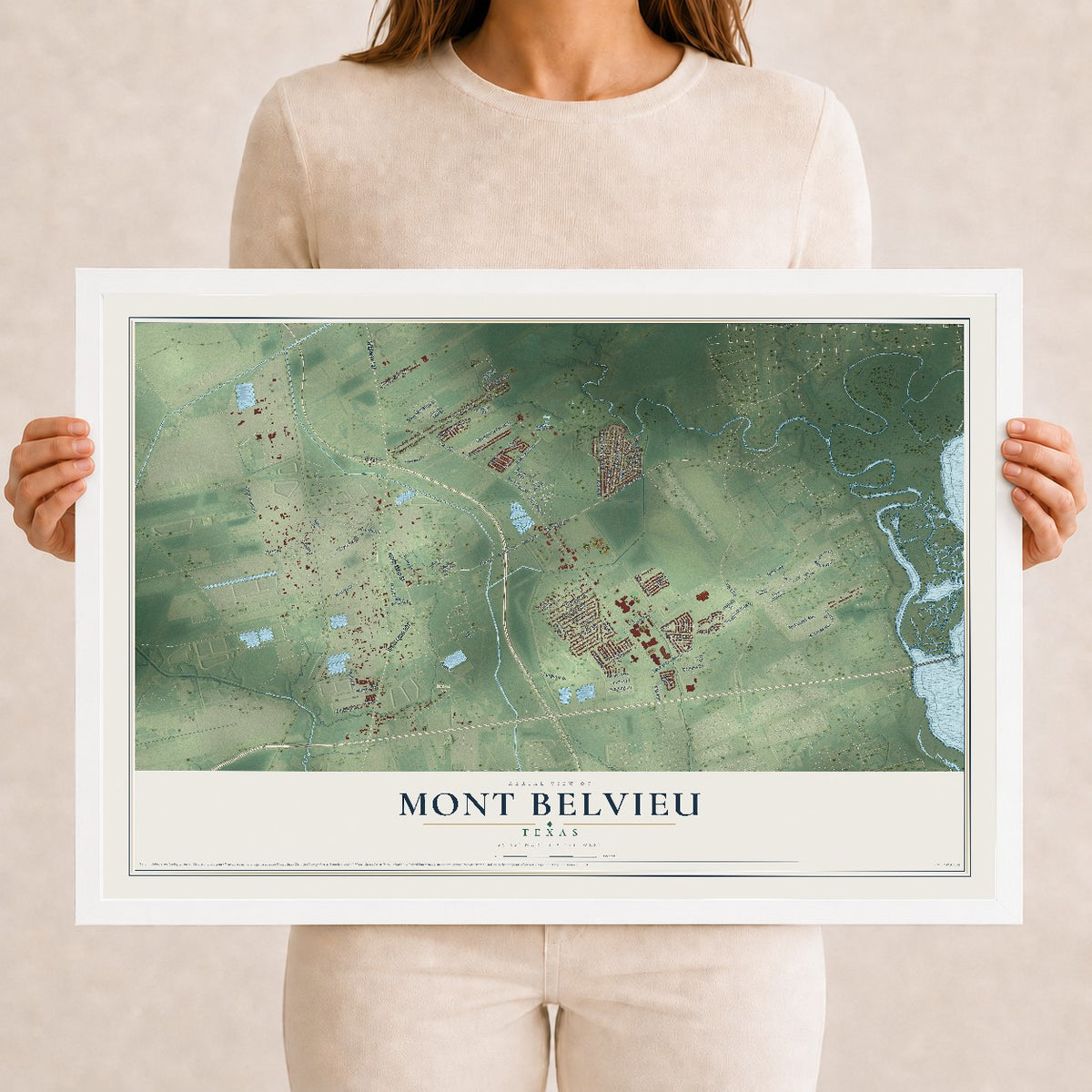 Map of Mont Belvieu, Texas, 12 x 18 inch print in a white wood frame