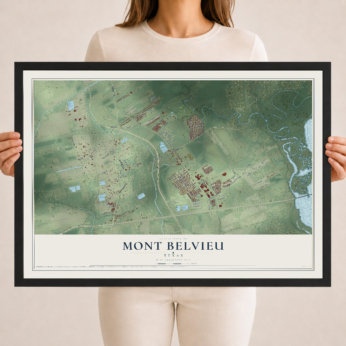 Map of Mont Belvieu, Texas, 18 x 24 inch print in a black wood frame