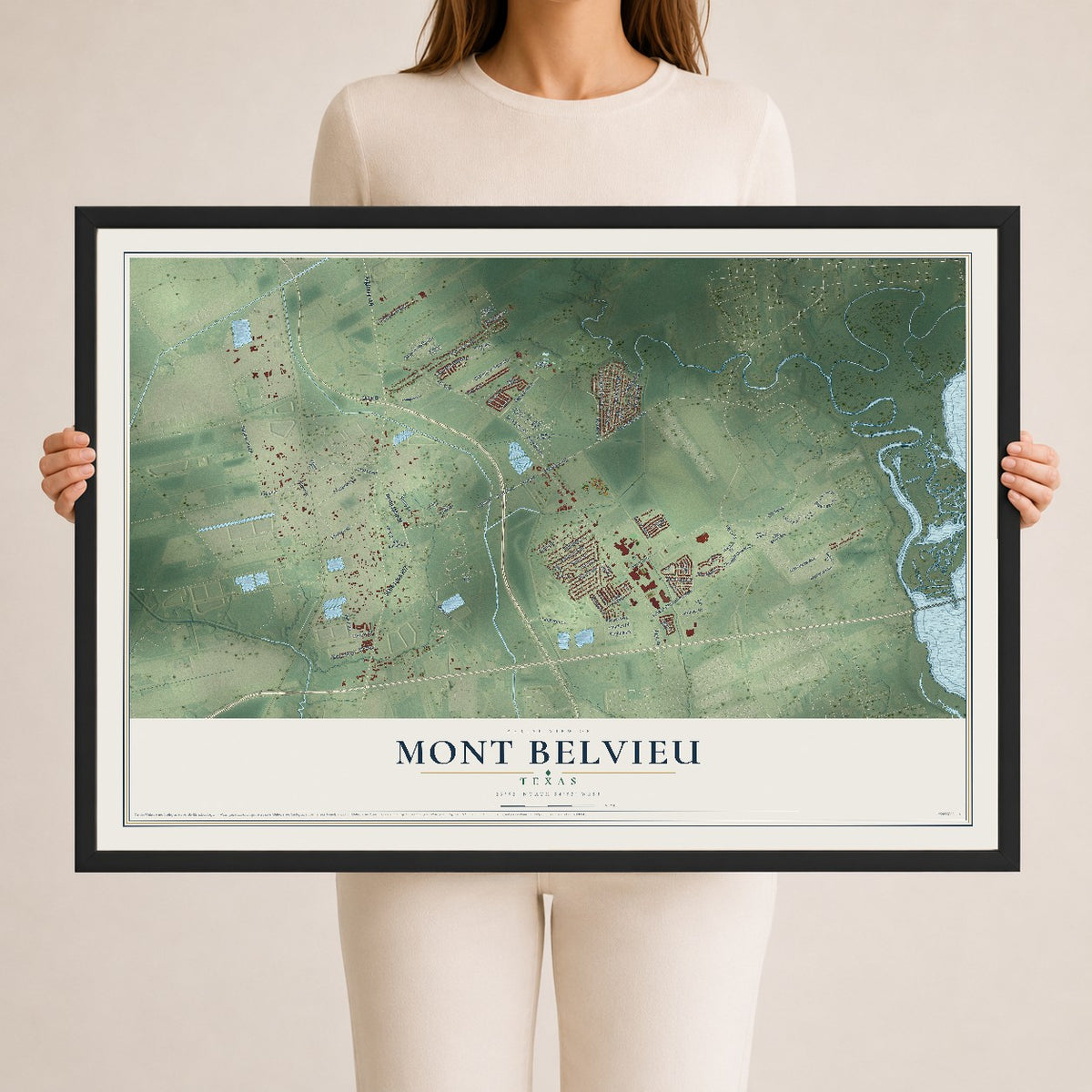 Map of Mont Belvieu, Texas, 24 x 36 inch print in a black wood frame