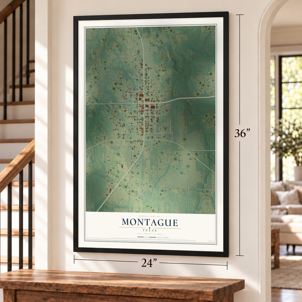 Montague, Texas map, 24 x 36 inch print in a black frame by a staircase