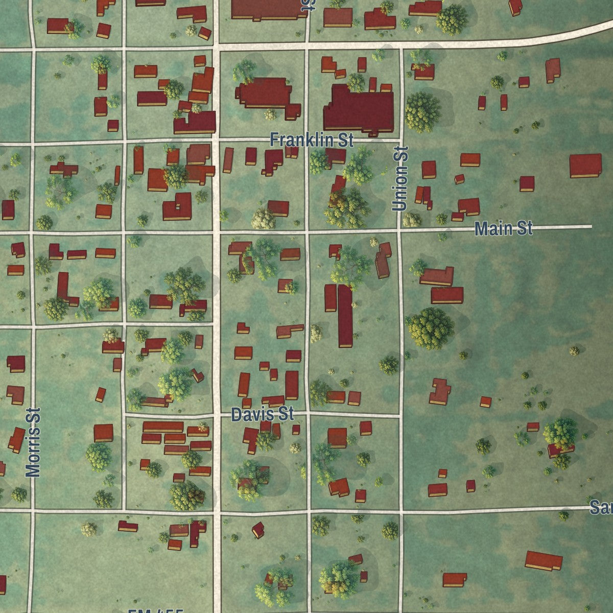 Close-up of the map of Montague, Texas print showing street and building detail