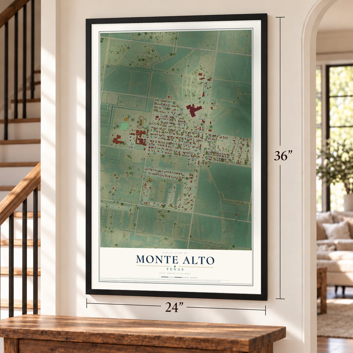 Monte Alto, Texas map, 24 x 36 inch print in a black frame by a staircase