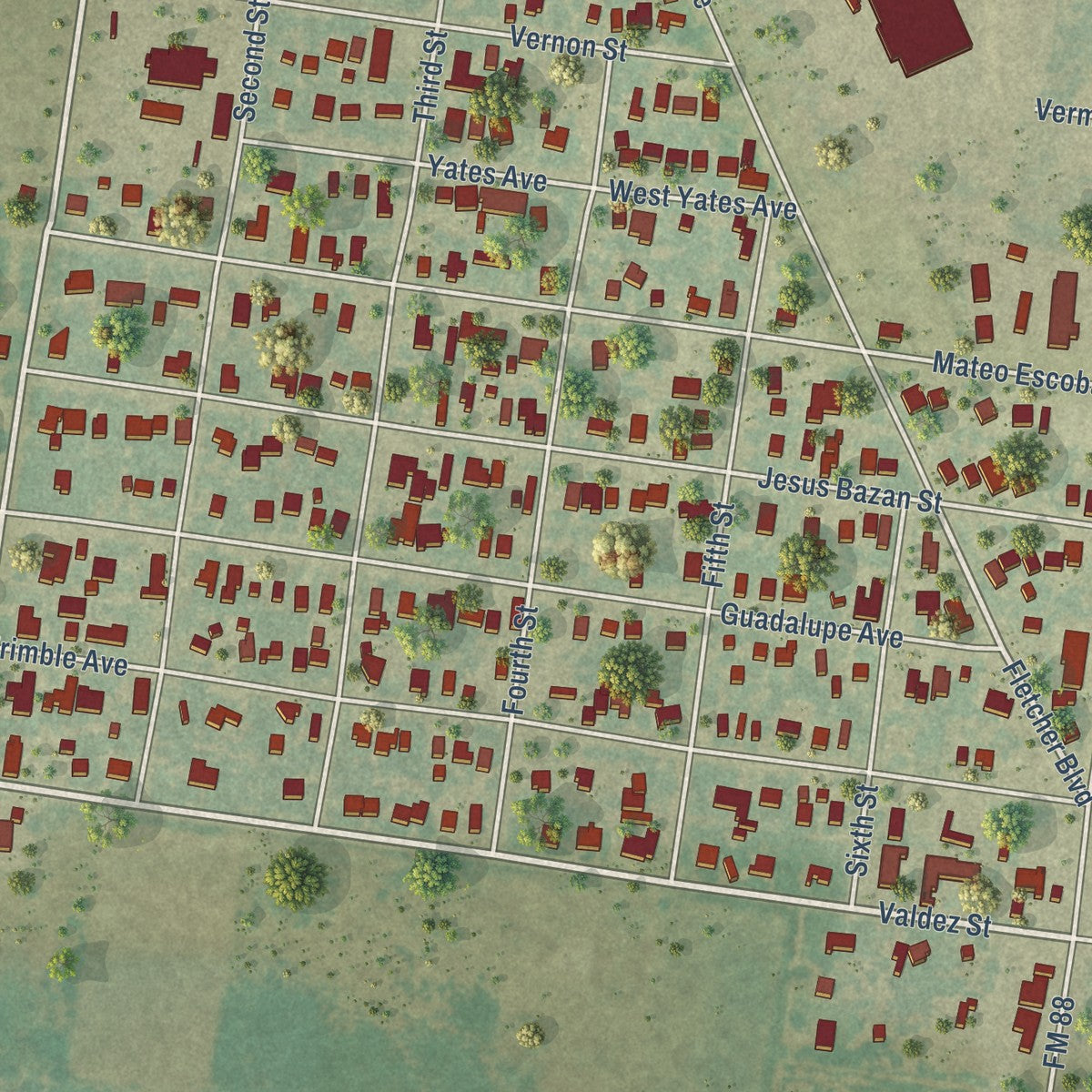 Close-up of the map of Monte Alto, Texas print showing street and building detail
