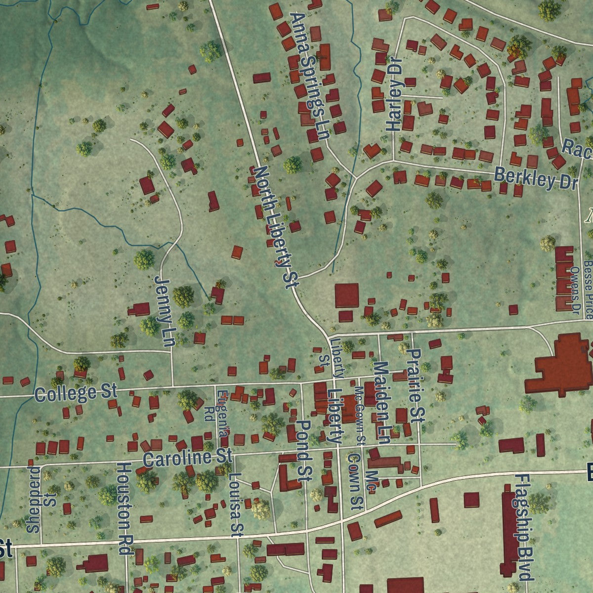 Close-up of the map of Montgomery, Texas print showing street and building detail