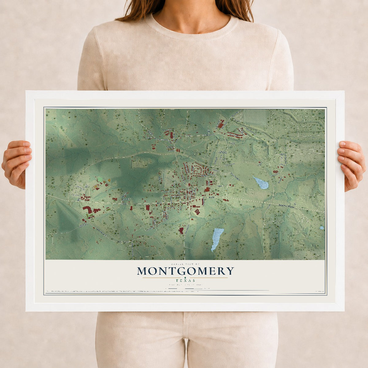 Map of Montgomery, Texas, 12 x 18 inch print in a white wood frame