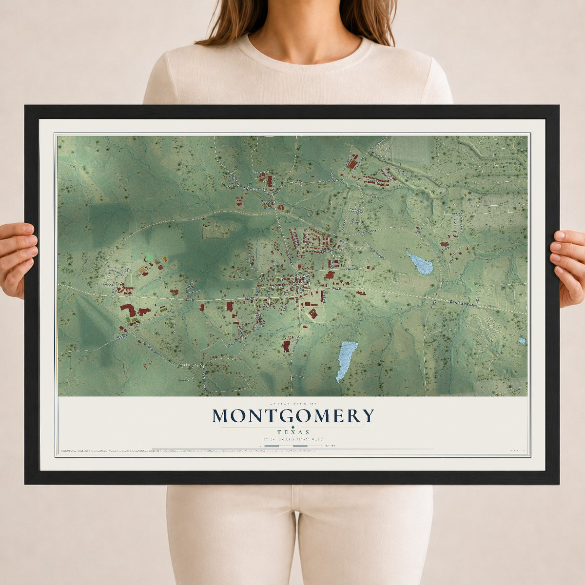 Map of Montgomery, Texas, 18 x 24 inch print in a black wood frame