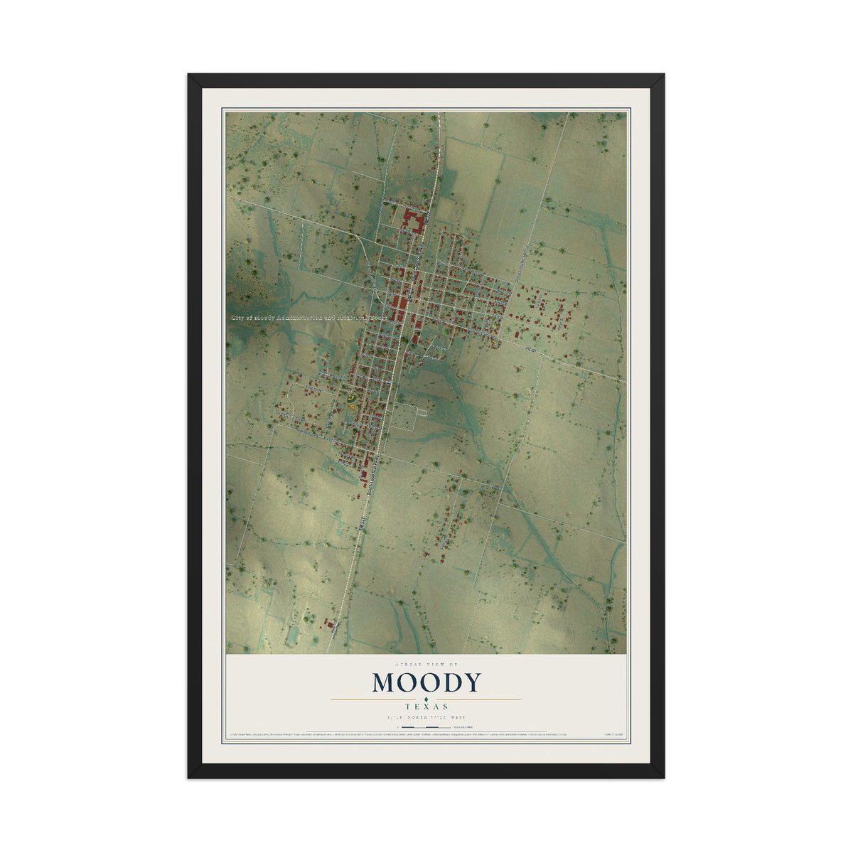 Map of Moody, Texas, 12 x 18 inch print in a black wood frame