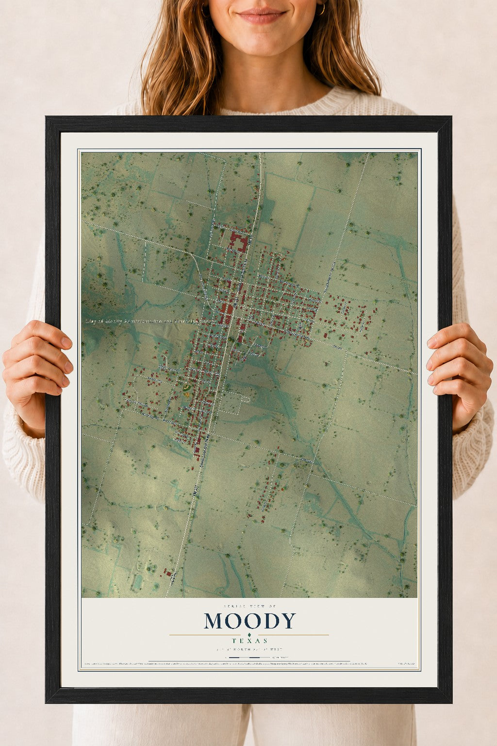 Map of Moody, Texas, 18 x 24 inch print in a black wood frame