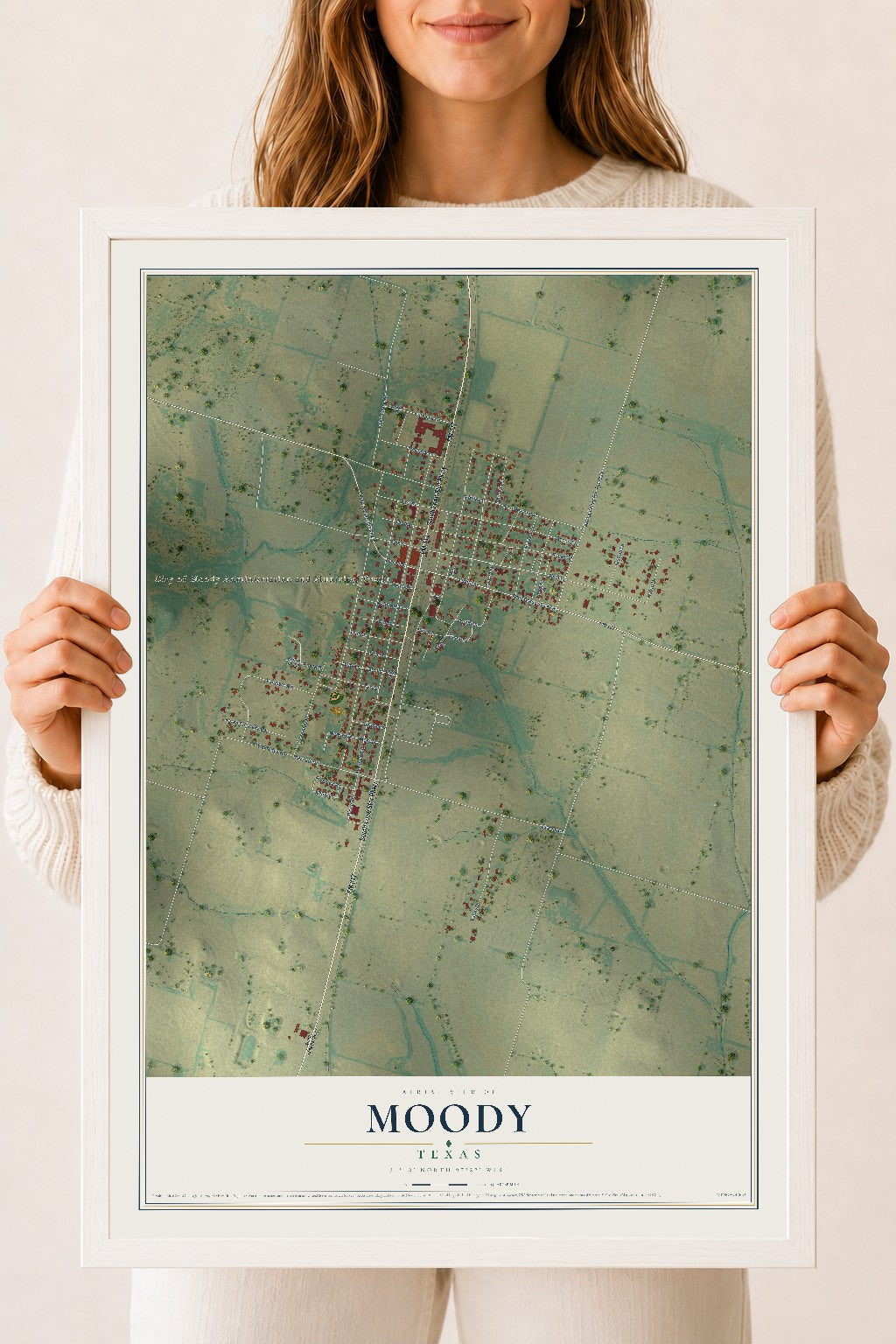 Map of Moody, Texas, 18 x 24 inch print in a white wood frame