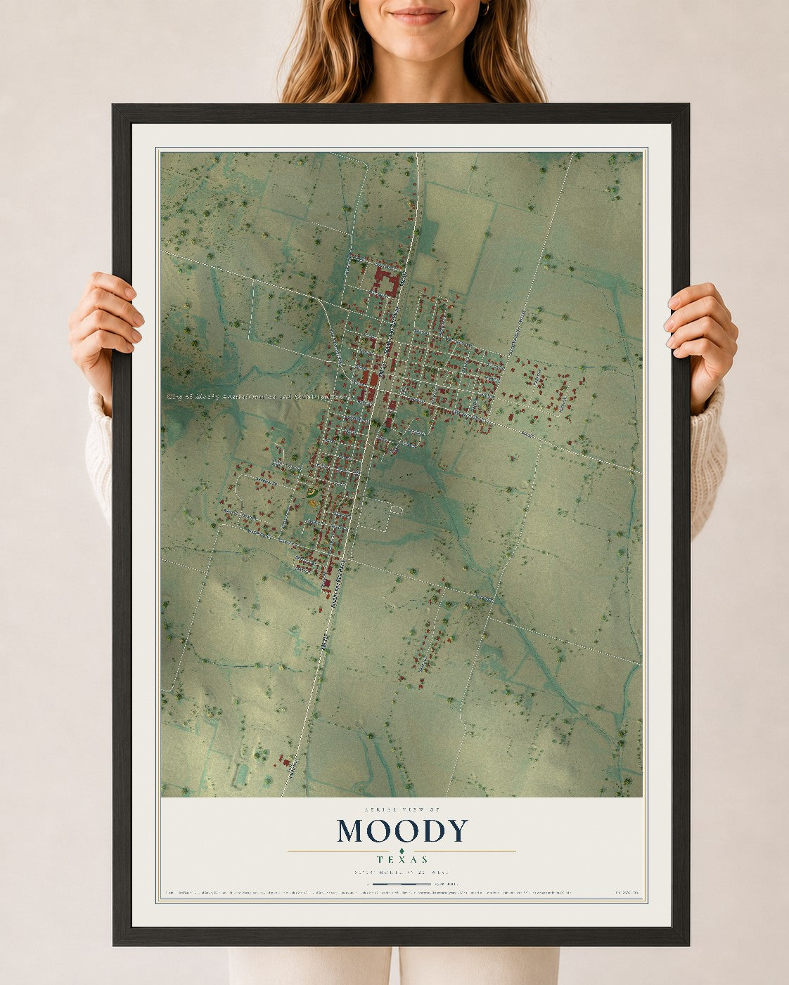 Map of Moody, Texas, 24 x 36 inch print in a black wood frame