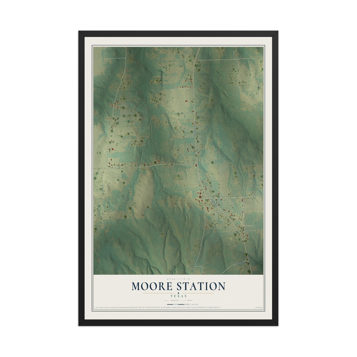 Map of Moore Station, Texas, 12 x 18 inch print in a black wood frame