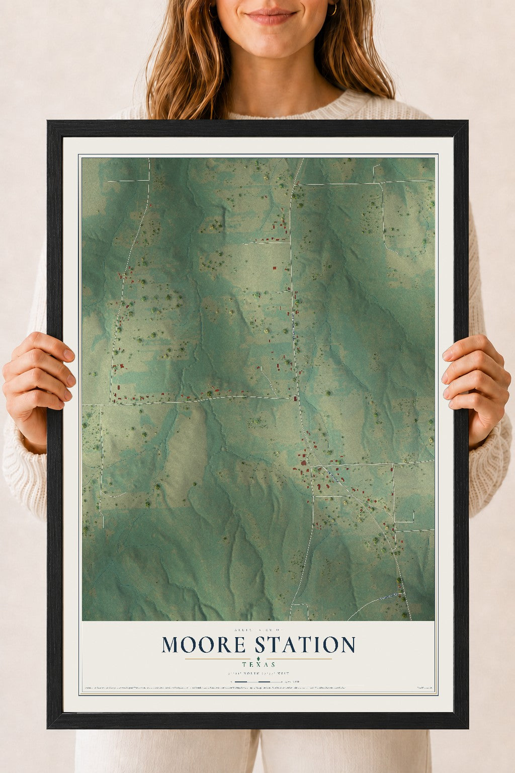 Map of Moore Station, Texas, 18 x 24 inch print in a black wood frame