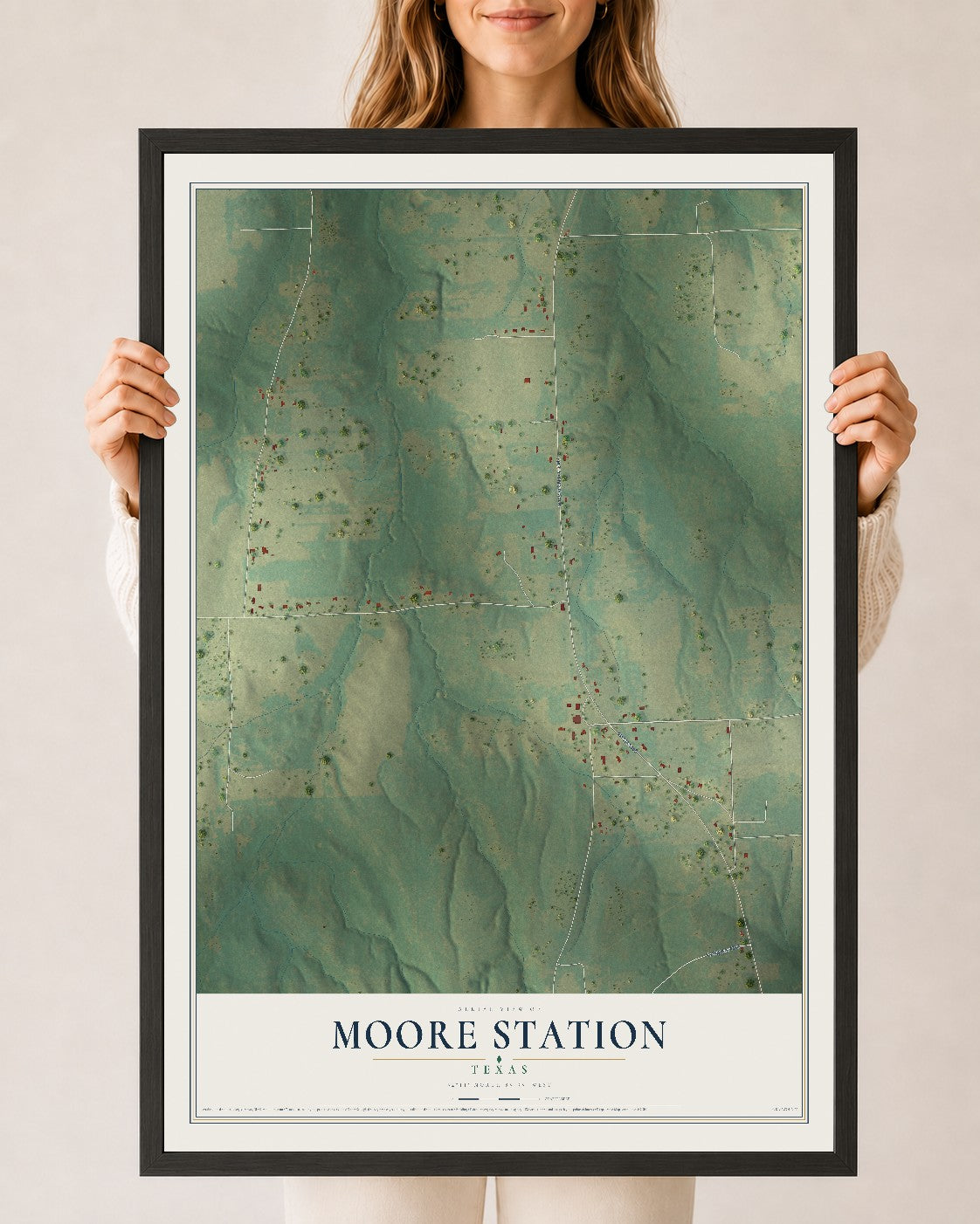 Map of Moore Station, Texas, 24 x 36 inch print in a black wood frame