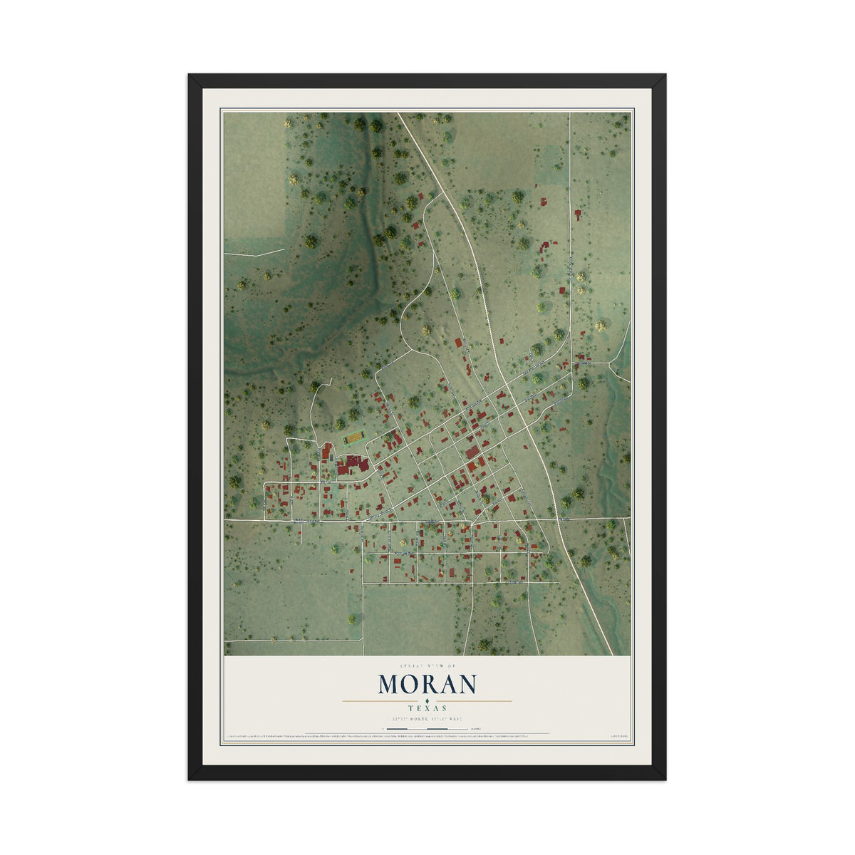 Map of Moran, Texas, 12 x 18 inch print in a black wood frame