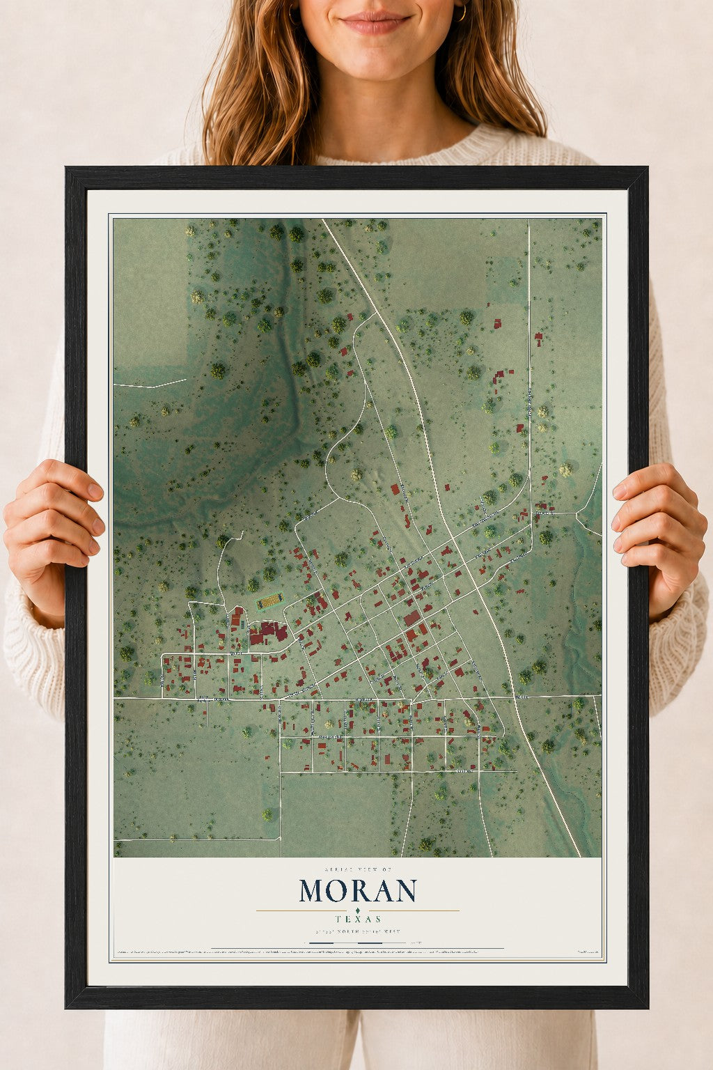Map of Moran, Texas, 18 x 24 inch print in a black wood frame
