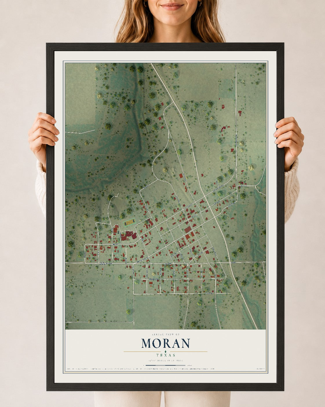 Map of Moran, Texas, 24 x 36 inch print in a black wood frame