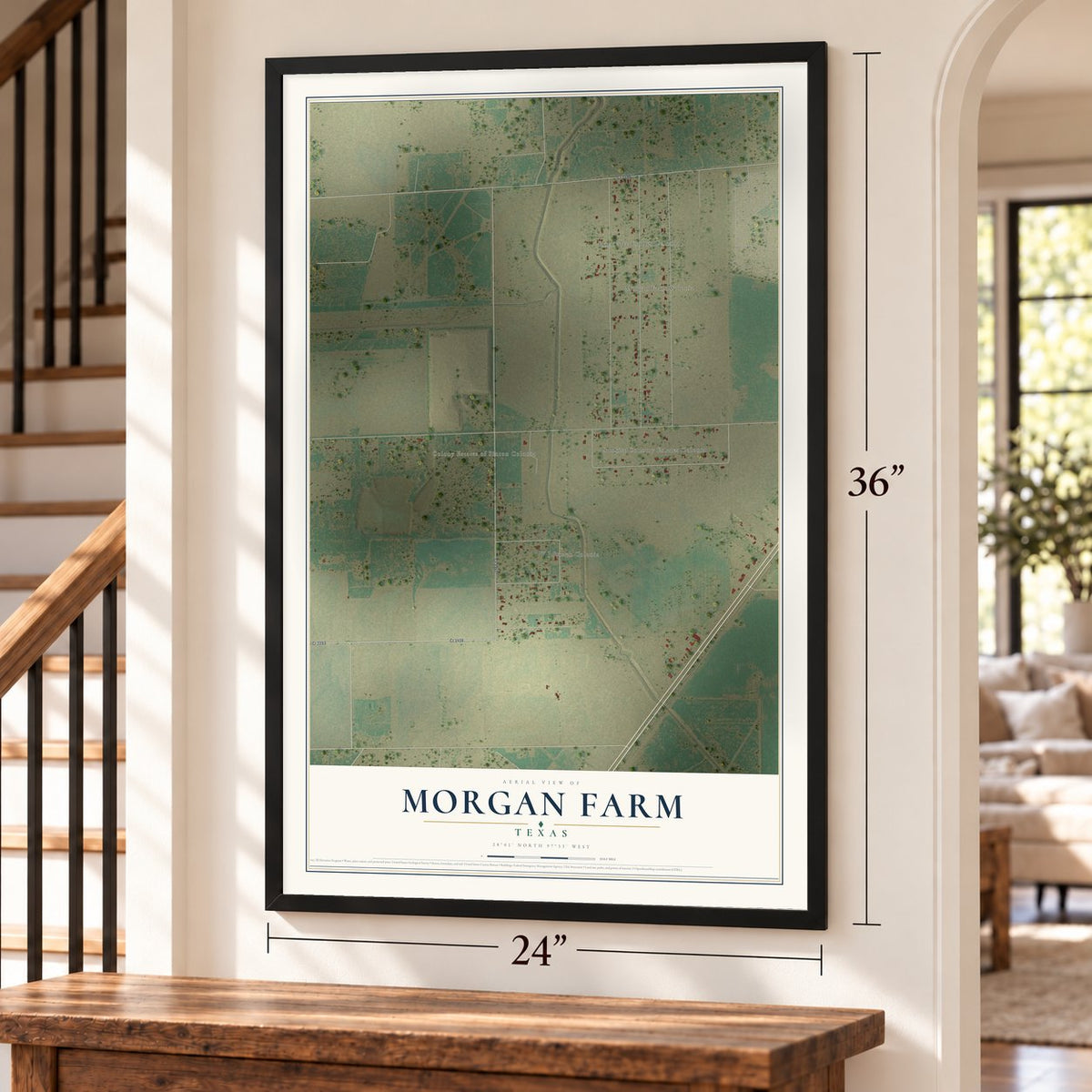 Morgan Farm, Texas map, 24 x 36 inch print in a black frame by a staircase