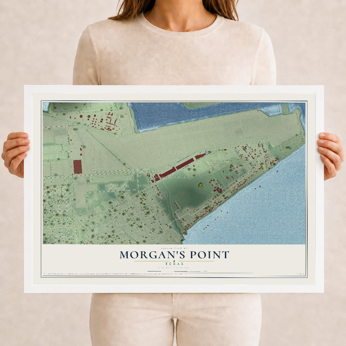 Map of Morgan's Point, Texas, 12 x 18 inch print in a white wood frame