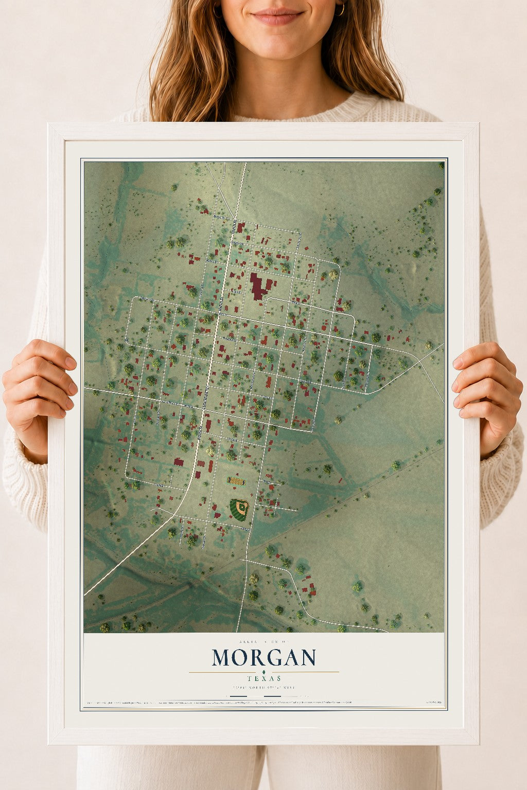 Map of Morgan, Texas, 18 x 24 inch print in a white wood frame