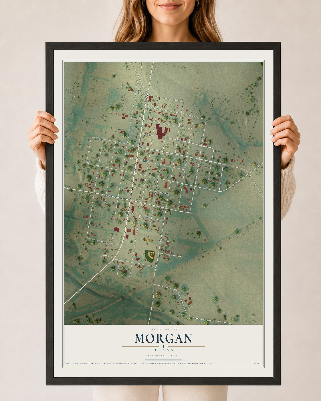 Map of Morgan, Texas, 24 x 36 inch print in a black wood frame