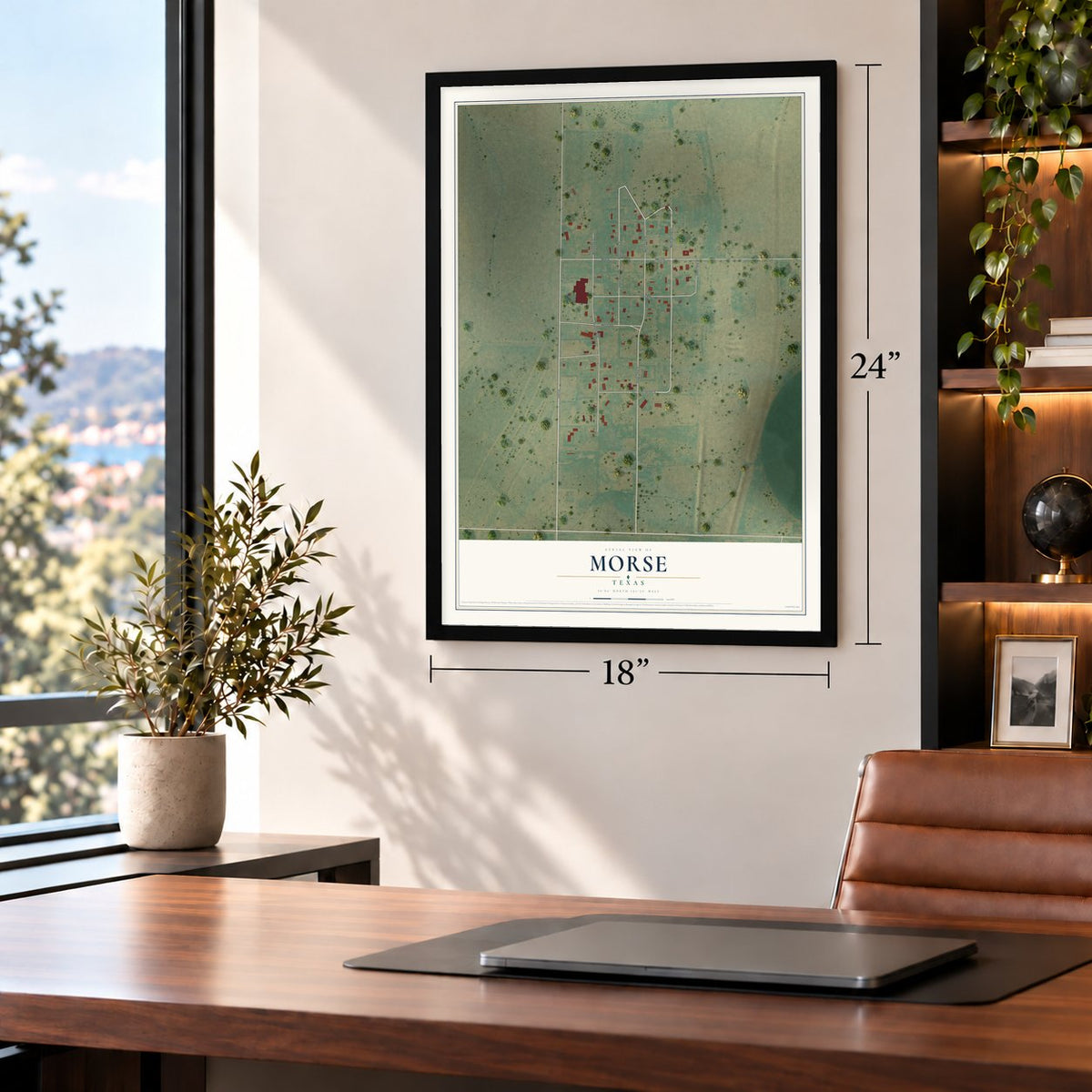 Morse, Texas map, 18 x 24 inch print in a black frame in a home office