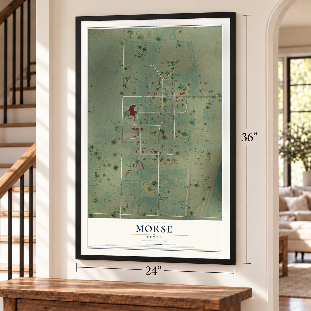 Morse, Texas map, 24 x 36 inch print in a black frame by a staircase