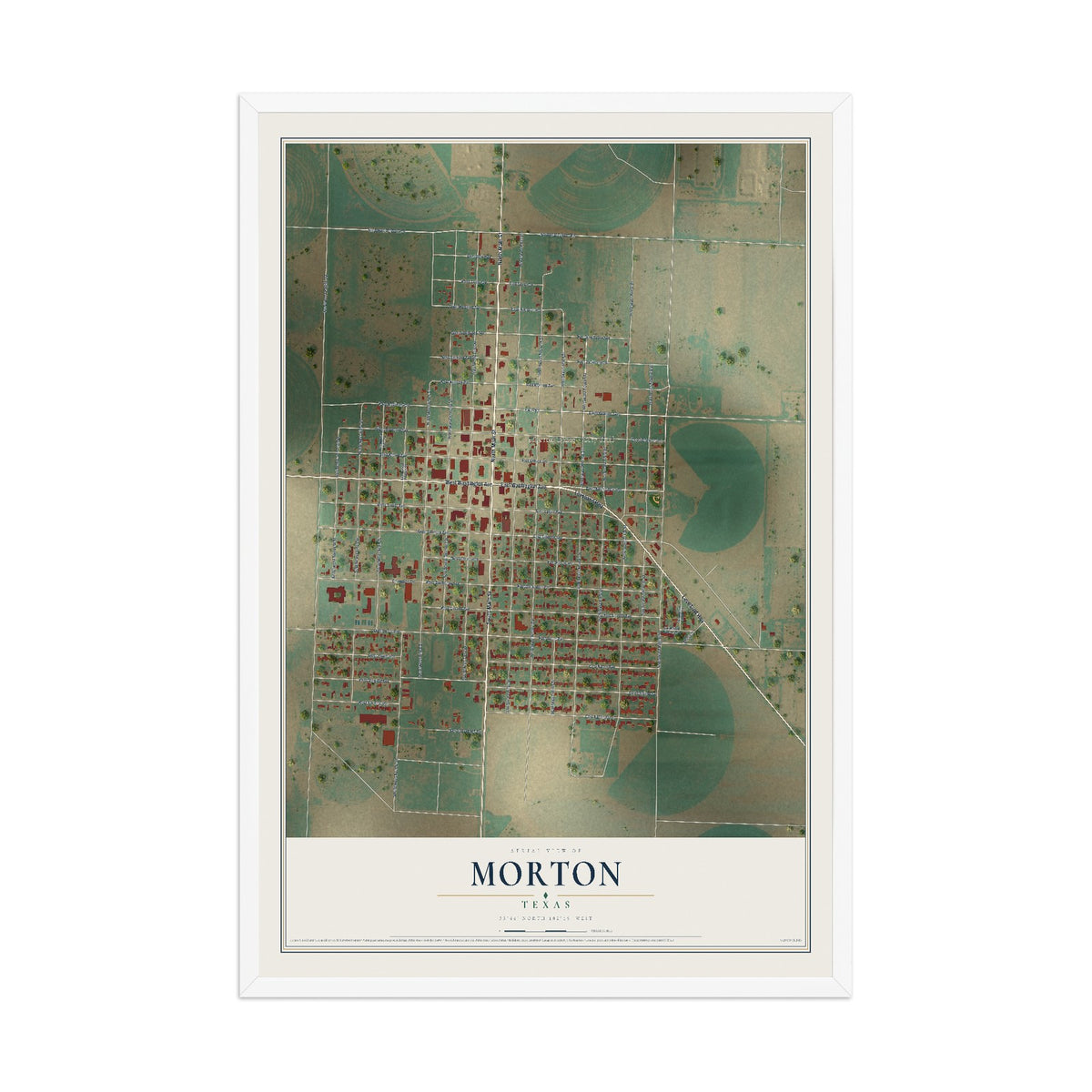 Map of Morton, Texas, 12 x 18 inch print in a white wood frame