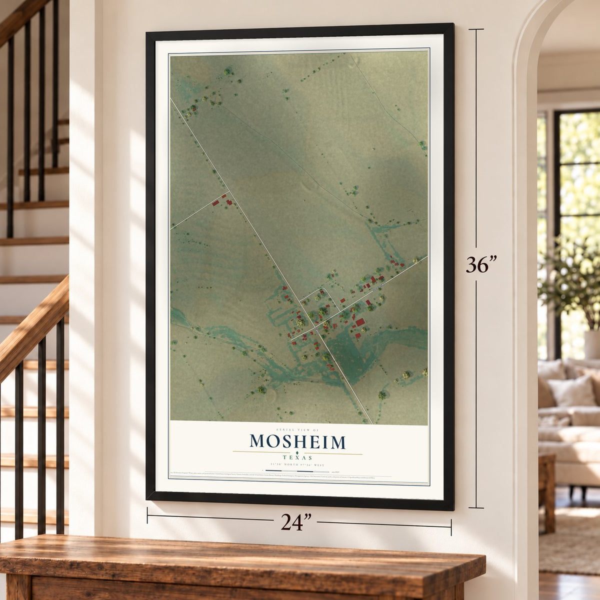Mosheim, Texas map, 24 x 36 inch print in a black frame by a staircase