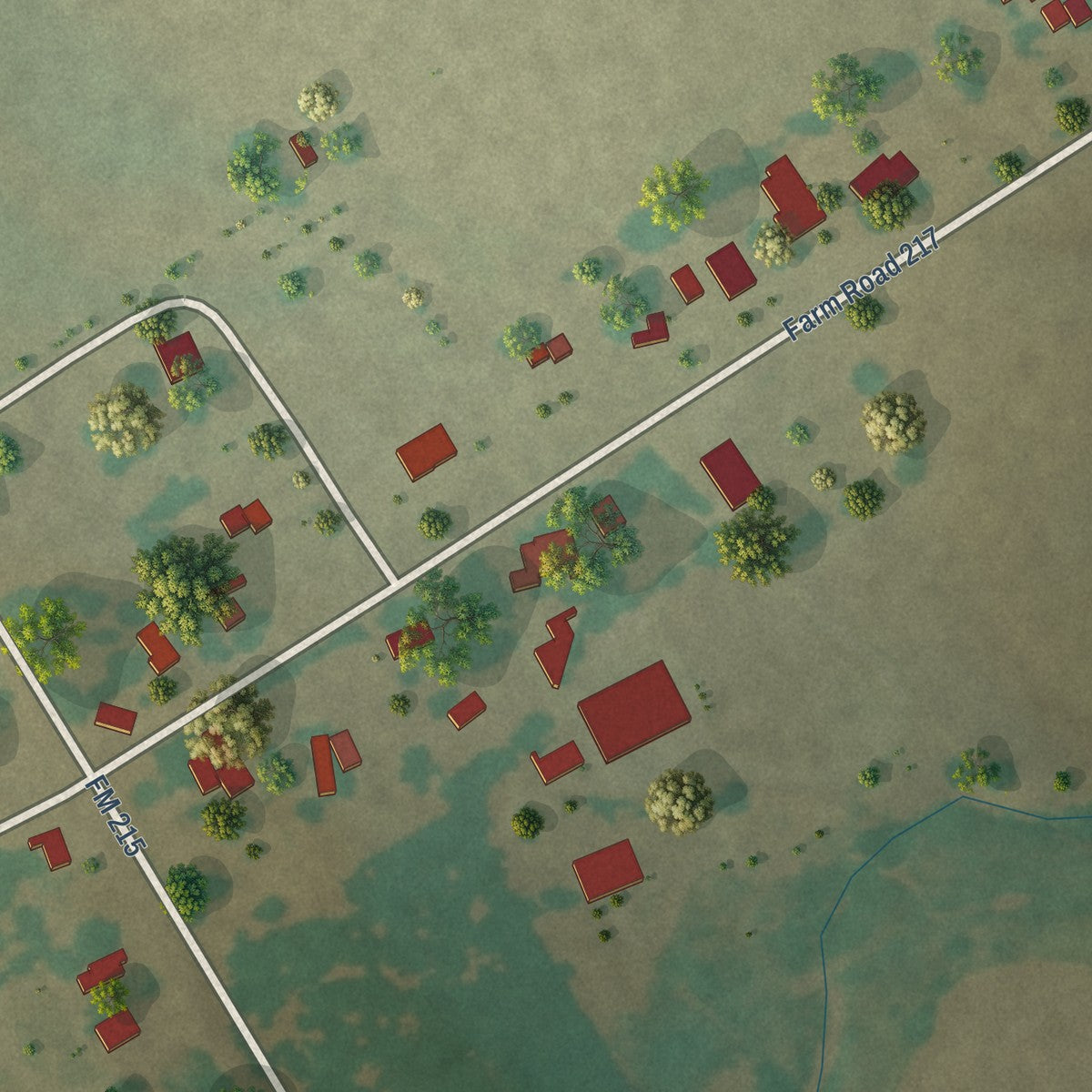 Close-up of the map of Mosheim, Texas print showing street and building detail