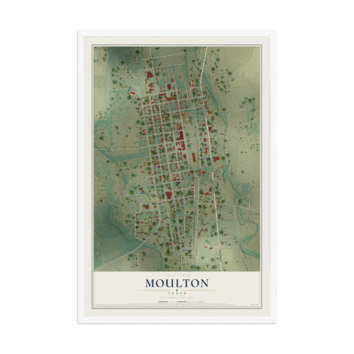 Map of Moulton, Texas, 12 x 18 inch print in a white wood frame