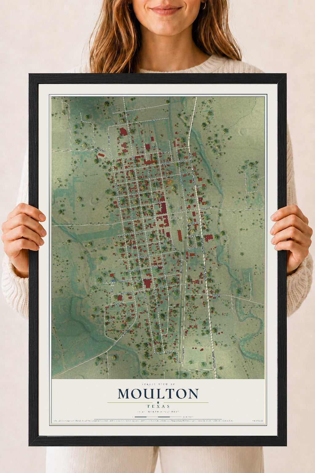 Map of Moulton, Texas, 18 x 24 inch print in a black wood frame